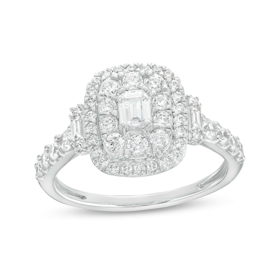 1 CT. T.w. Emerald-Cut Diamond Double Frame Collar Engagement Ring in 14K White Gold