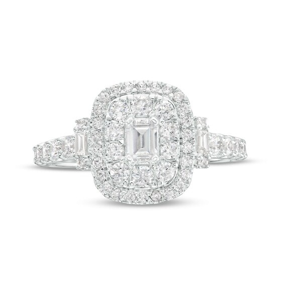 1 CT. T.w. Emerald-Cut Diamond Double Frame Collar Engagement Ring in 14K White Gold