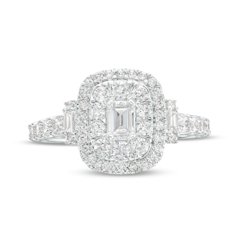 Main Image 4 of 1 CT. T.W. Emerald-Cut Diamond Double Frame Collar Engagement Ring in 14K White Gold