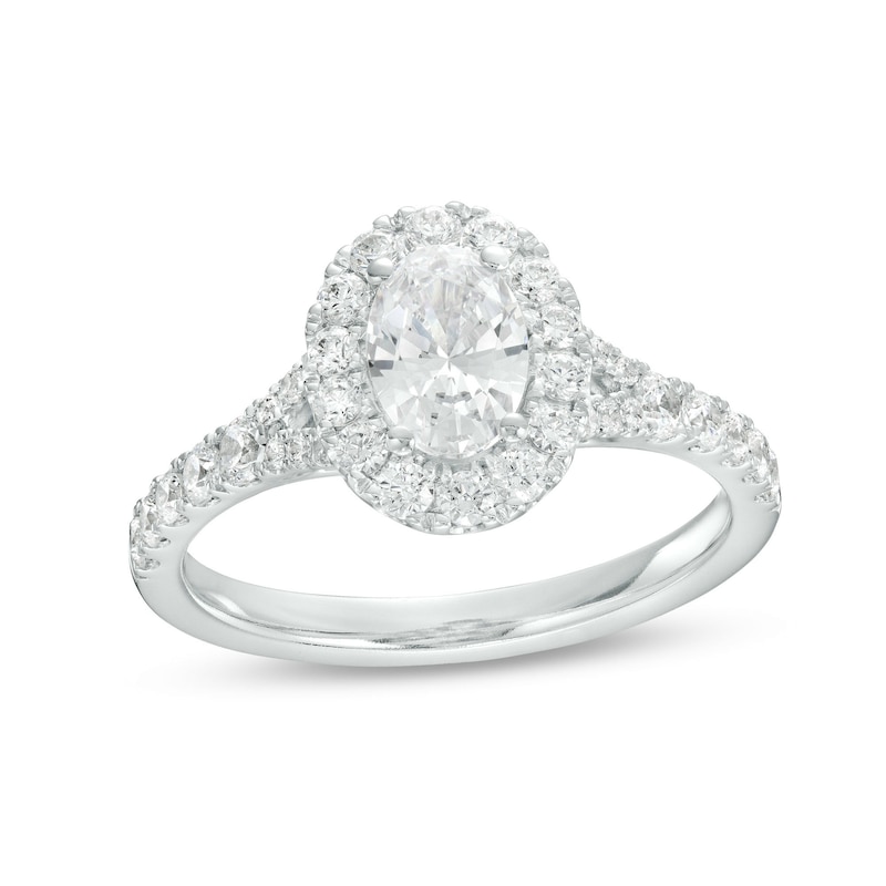 Main Image 1 of 1-1/3 CT. T.W. Certified Oval Diamond Frame Split Shank Engagement Ring in 14K White Gold (I/I1)