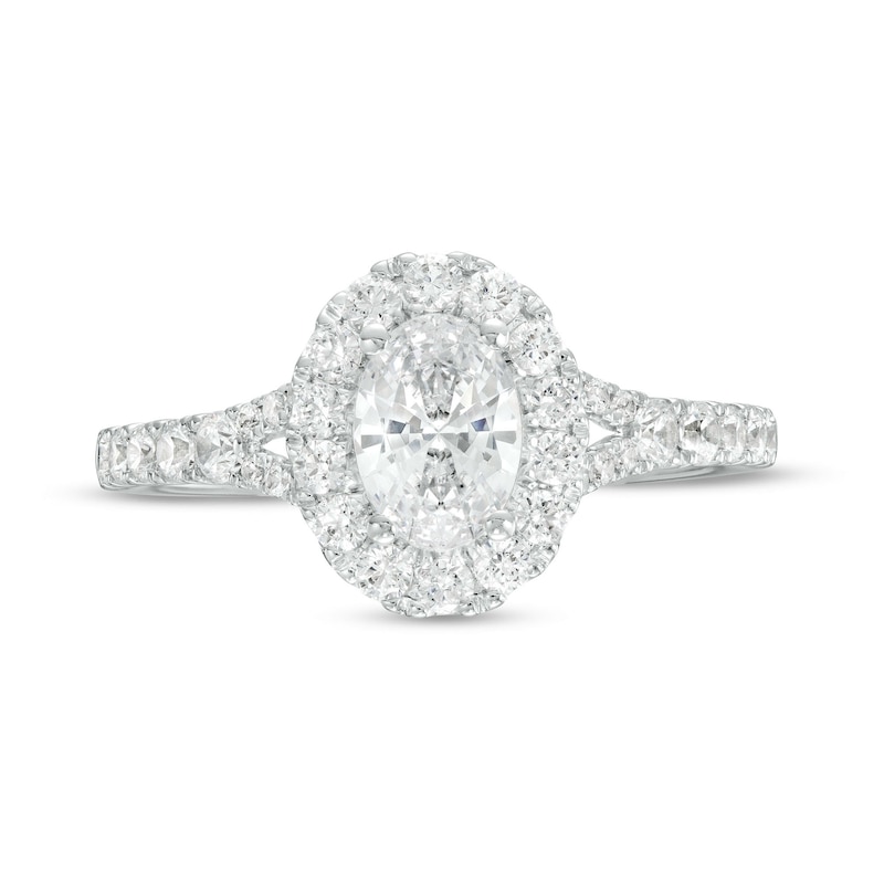 Main Image 4 of 1-1/3 CT. T.W. Certified Oval Diamond Frame Split Shank Engagement Ring in 14K White Gold (I/I1)