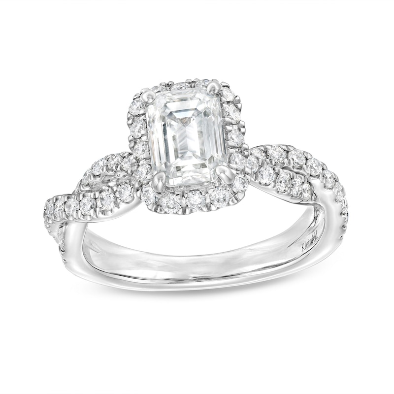Main Image 1 of Kleinfeld® x Zales 2-1/5 CT. T.W. Certified Emerald-Cut Lab-Grown Diamond Twist Engagement Ring in Platinum (F/VS2)