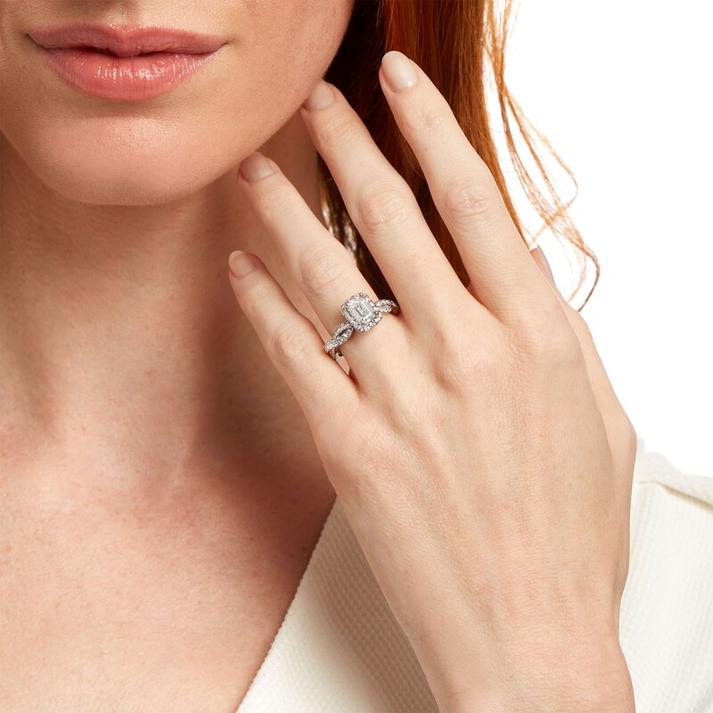 Main Image 2 of Kleinfeld® x Zales 2-1/5 CT. T.W. Certified Emerald-Cut Lab-Grown Diamond Twist Engagement Ring in Platinum (F/VS2)