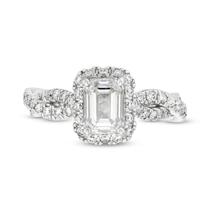 Main Image 4 of Kleinfeld® x Zales 2-1/5 CT. T.W. Certified Emerald-Cut Lab-Grown Diamond Twist Engagement Ring in Platinum (F/VS2)