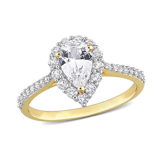 Pear-Shaped and Round White Lab-Created Sapphire Frame Ring in Sterling Silver with Yellow Rhodium