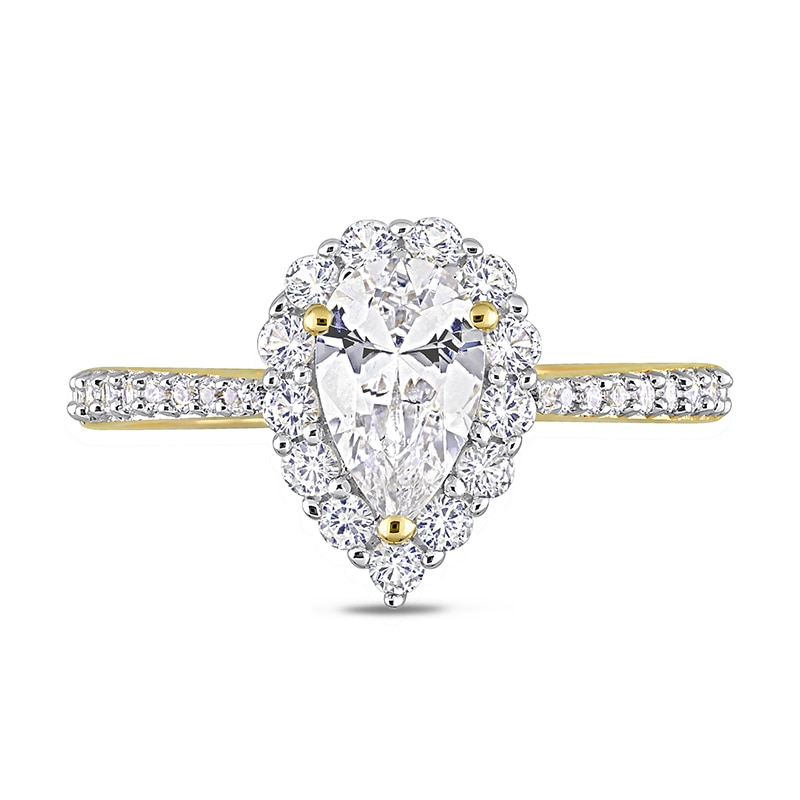 Main Image 4 of Pear-Shaped and Round White Lab-Created Sapphire Frame Ring in Sterling Silver with Yellow Rhodium