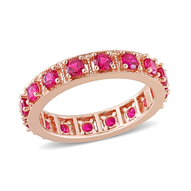 Main Image 1 of Lab-Created Ruby Vintage-Style Eternity Band in Sterling Silver with Rose Rhodium