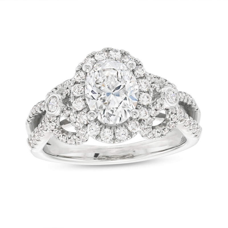Kleinfeld® x Zales 2-1/5 CT. T.W. Certified Oval Lab-Created Diamond Split Shank Engagement Ring in Platinum (F/VS2)