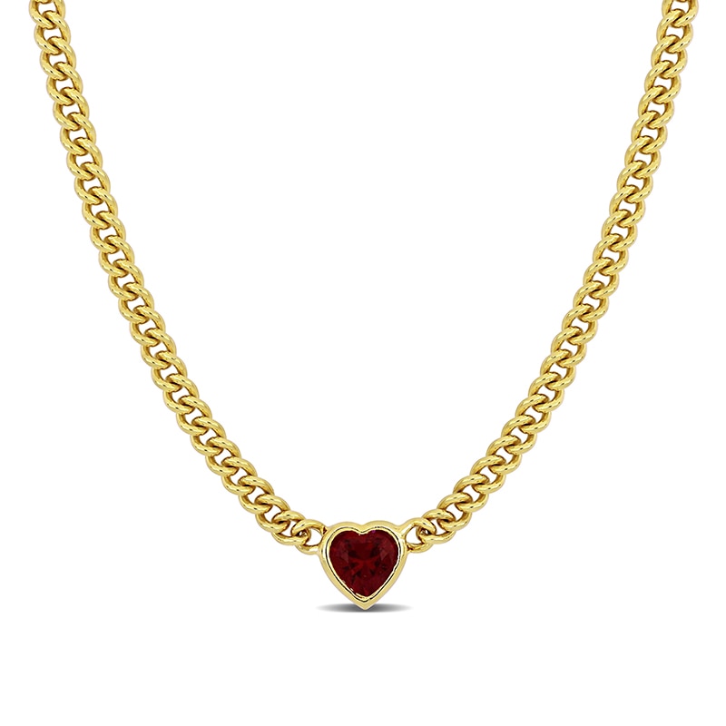 Main Image 1 of 8.0mm Heart-Shaped Lab-Created Ruby Solitaire Curb Chain Necklace in Sterling Silver with Yellow Rhodium