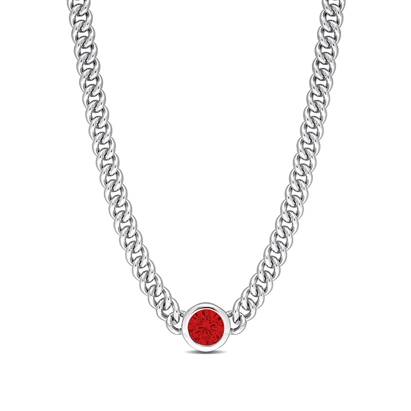 Main Image 1 of 7.0mm Lab-Created Ruby Solitaire Curb Chain Necklace in Sterling Silver - 17.5"
