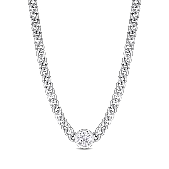 7.0mm White Lab-Created Sapphire Solitaire Curb Chain Necklace in Sterling Silver - 17.5"