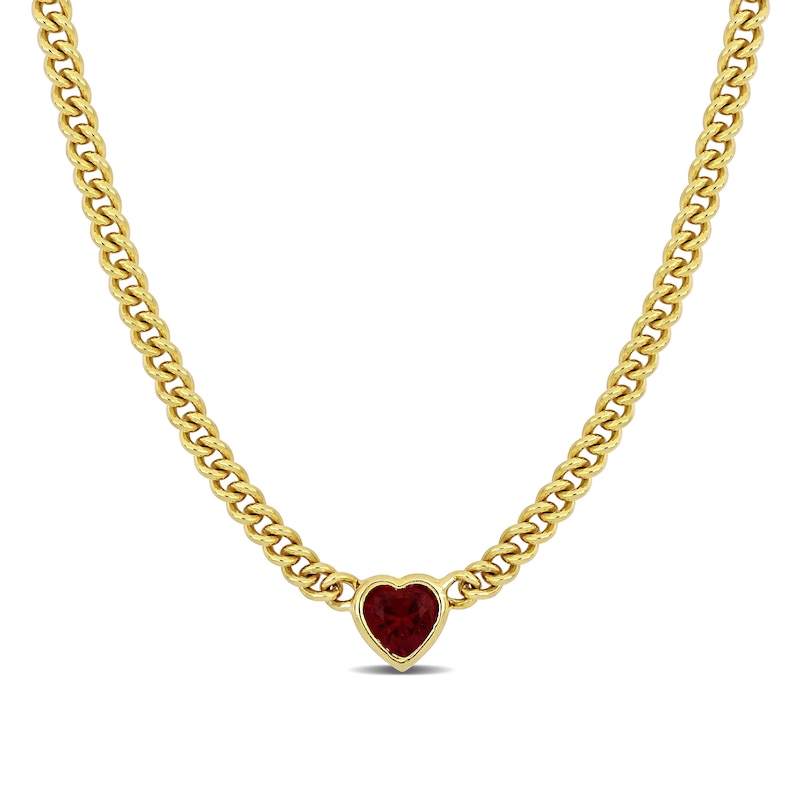 8.0mm Heart-Shaped Lab-Created Ruby Solitaire Curb Chain Necklace in Sterling Silver with Yellow Rhodium