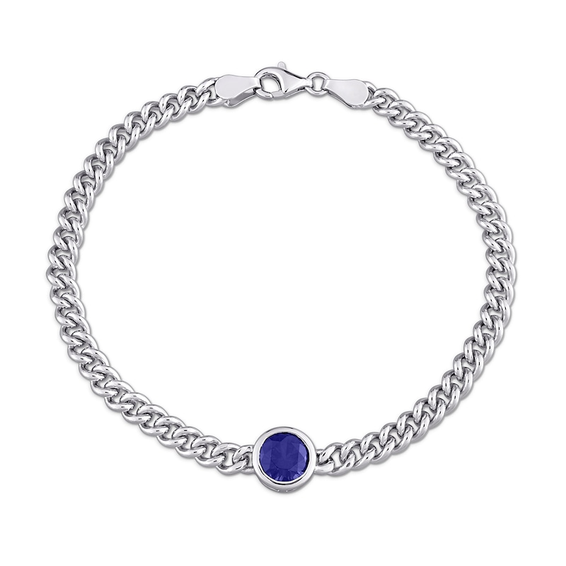 7.0mm Blue Lab-Created Sapphire Solitaire Curb Chain Bracelet in Sterling Silver - 7.5"
