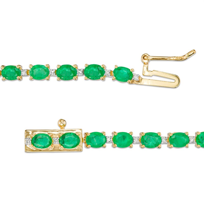 Main Image 3 of Oval Emerald and 1/6 CT. T.W. Diamond Alternating Line Bracelet in 10K Gold