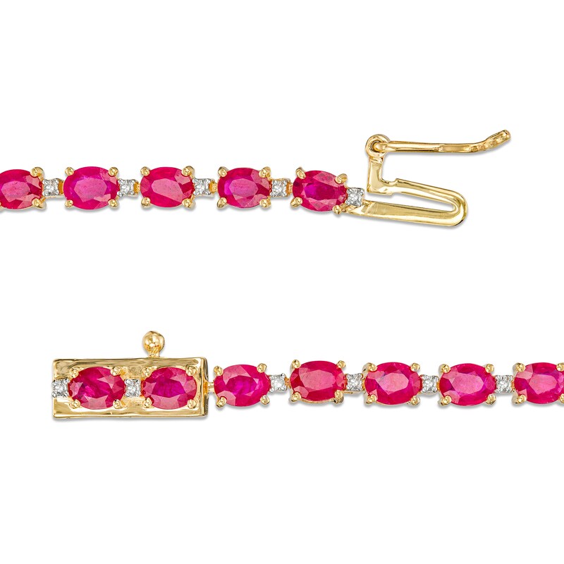 Main Image 3 of Oval Ruby and 1/6 CT. T.W. Diamond Alternating Line Bracelet in 10K Gold
