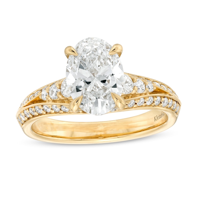 Main Image 1 of Kleinfeld® x Zales 2-1/2 CT. T.W. Certified Oval Lab-Grown Diamond Triple Row Engagement Ring in 18K Gold (F/VS2)