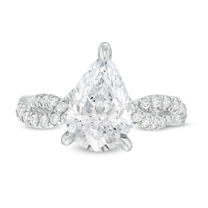 Main Image 4 of Kleinfeld® x Zales 3-1/2 CT. T.W. Certified Pear-Shaped Lab-Grown Diamond Twist Engagement Ring in Platinum (F/VS2)