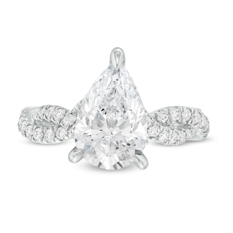 Kleinfeld® x Zales 3-1/2 CT. T.W. Certified Pear-Shaped Lab-Created Diamond Twist Engagement Ring in Platinum (F/VS2)