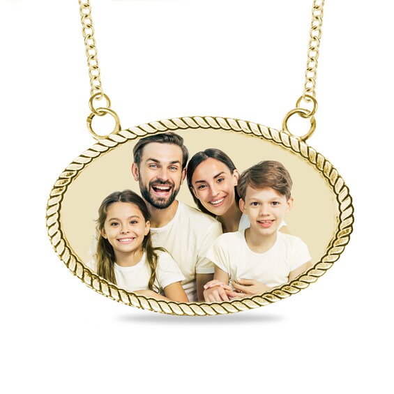 Engravable Photo Rope Edge Oval Necklace in 10K White, Yellow or Rose Gold (1 Image and 2 Lines)