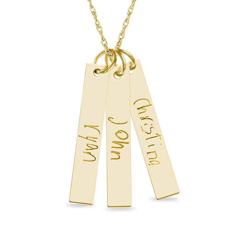 Main Image 1 of Engravable Your Own Handwriting Triple Vertical Bar Pendant in 10K White, Yellow or Rose Gold (3 Images and 3 Lines)