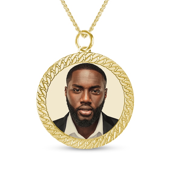 Engravable Photo Cuban Chain Frame Circle Pendant in 10K White or Yellow Gold (1 Image and 4 Lines