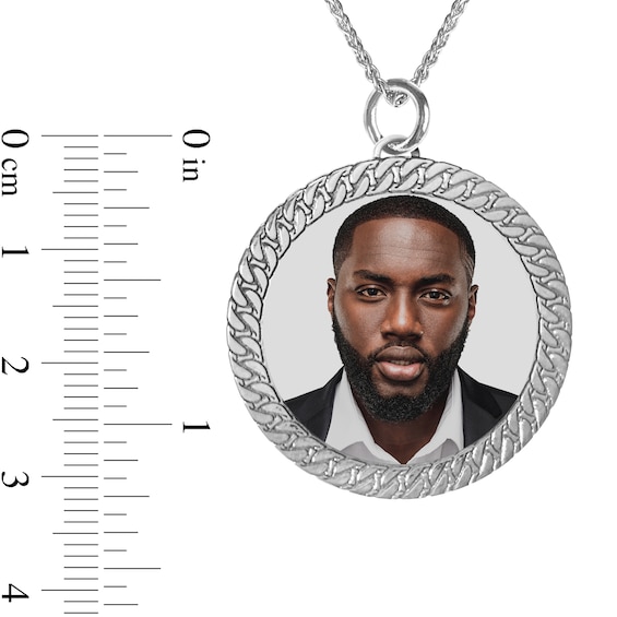 Engravable Photo Cuban Chain Frame Circle Pendant in 10K White or Yellow Gold (1 Image and 4 Lines