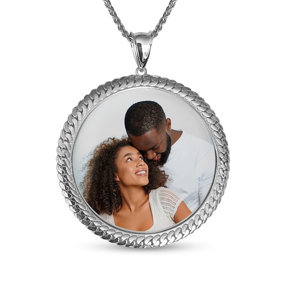 Engravable Photo Cuban Chain Frame Circle Pendant in Sterling Silver (1 Image and 4 Lines) - 22"