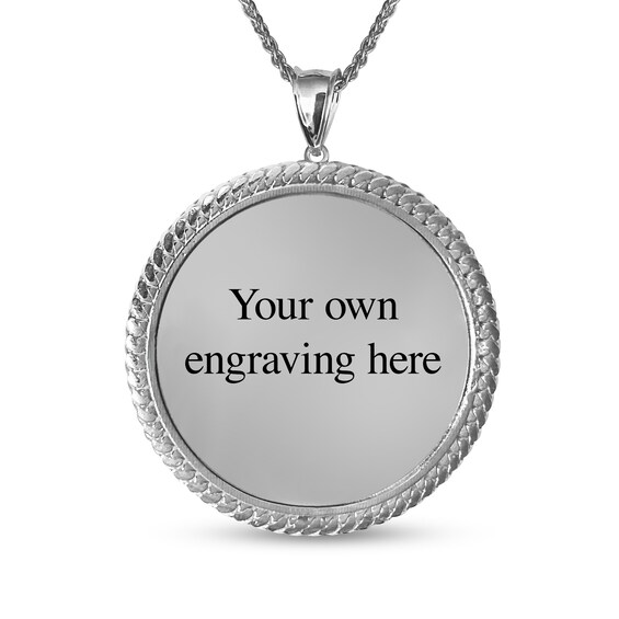 Engravable Photo Cuban Chain Frame Circle Pendant in Sterling Silver (1 Image and 4 Lines) - 22"