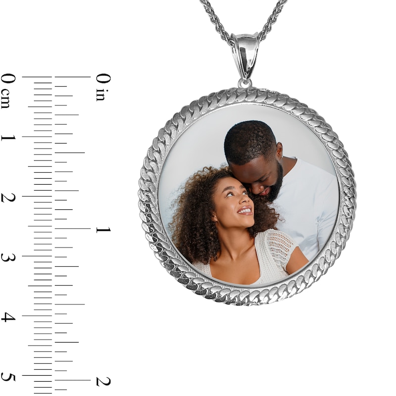 Engravable Photo Cuban Chain Frame Circle Pendant in Sterling Silver (1 Image and 4 Lines) - 22"