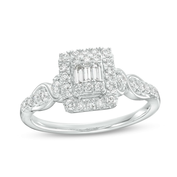3/8 CT. T.w. Princess-Shaped Multi-Diamond Frame Twist Shank Engagement Ring in 10K White Gold