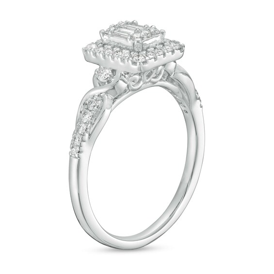 3/8 CT. T.w. Princess-Shaped Multi-Diamond Frame Twist Shank Engagement Ring in 10K White Gold