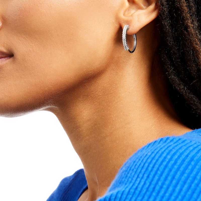 Main Image 2 of 1 CT. T.W. Baguette Diamond Hoop Earrings in 10K White Gold