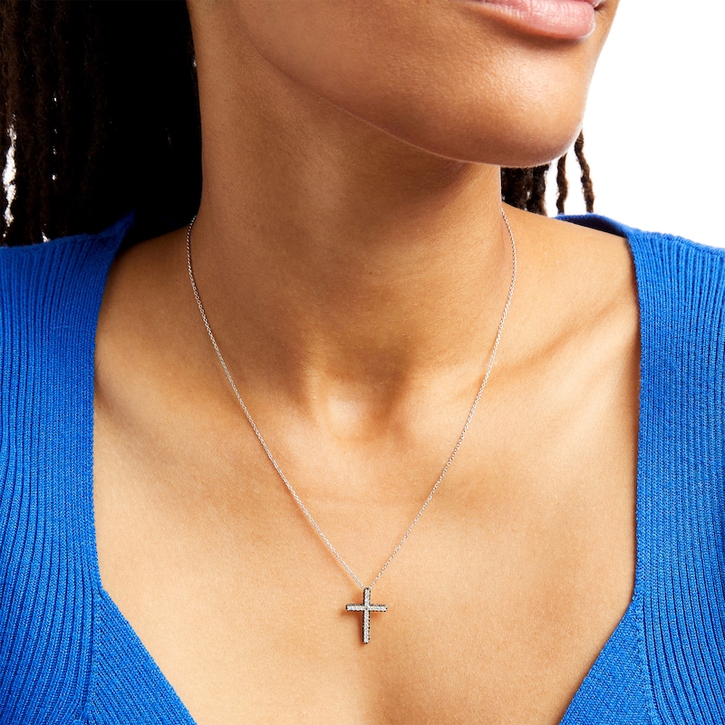 Main Image 2 of 1/2 CT. T.W. Black and White Diamond Cross Pendant in 10K White Gold