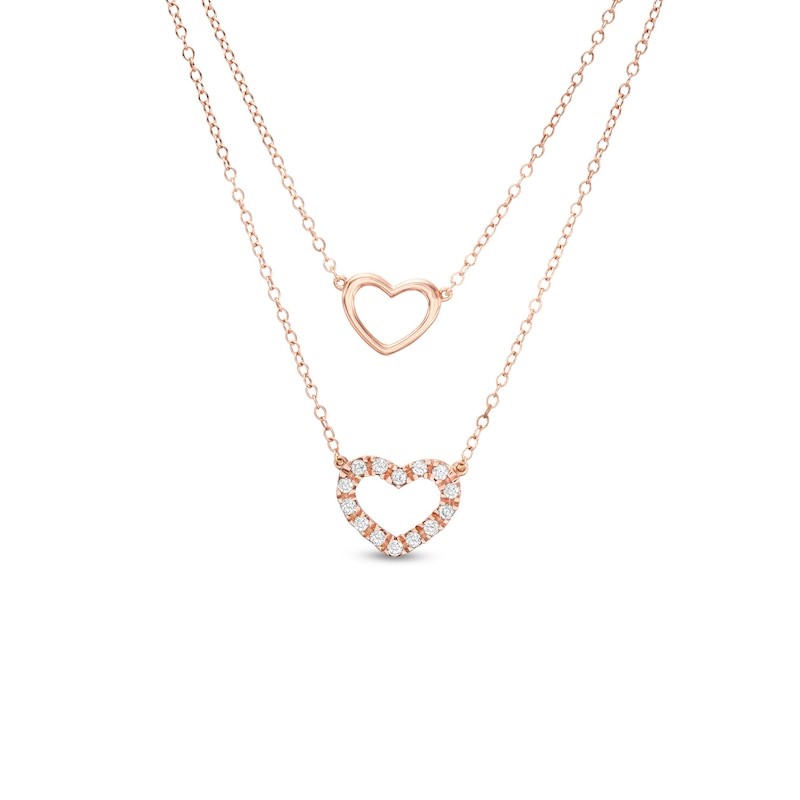 Main Image 1 of 1/5 CT. T.W. Diamond Double Strand Heart Outline Necklace in 10K Rose Gold – 19.25"