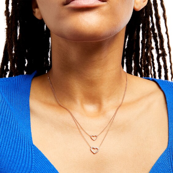 1/5 CT. T.w. Diamond Double Strand Heart Outline Necklace in 10K Rose Gold â 19.25"