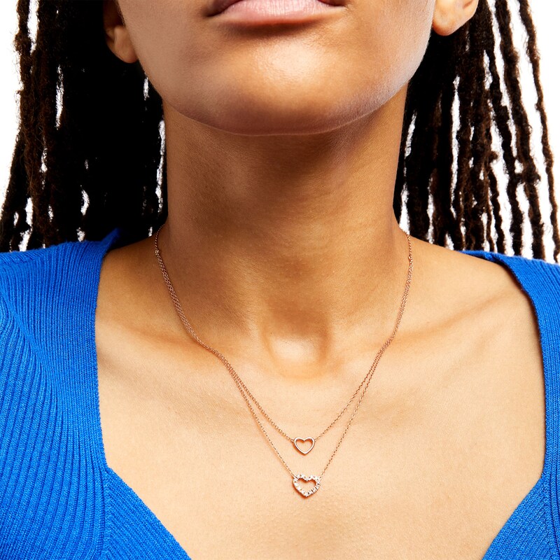 Main Image 2 of 1/5 CT. T.W. Diamond Double Strand Heart Outline Necklace in 10K Rose Gold – 19.25"