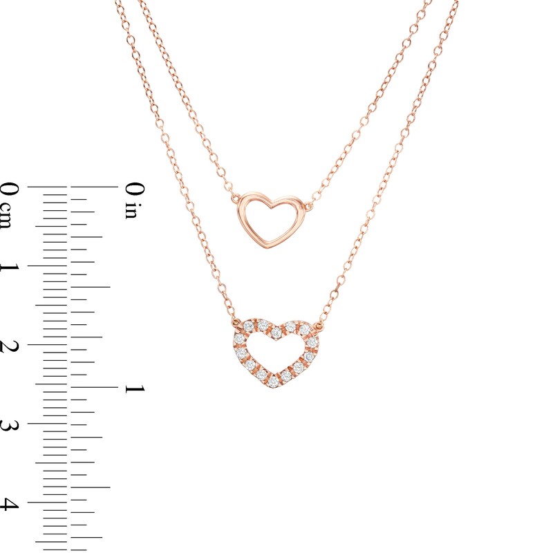 Main Image 3 of 1/5 CT. T.W. Diamond Double Strand Heart Outline Necklace in 10K Rose Gold – 19.25"