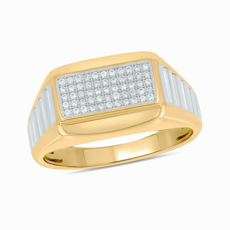 Main Image 1 of Men's 1/4 CT. T.W. Rectangular Multi-Diamond Ribbed Stepped Shank Ring in Sterling Silver and 14K Gold Plate
