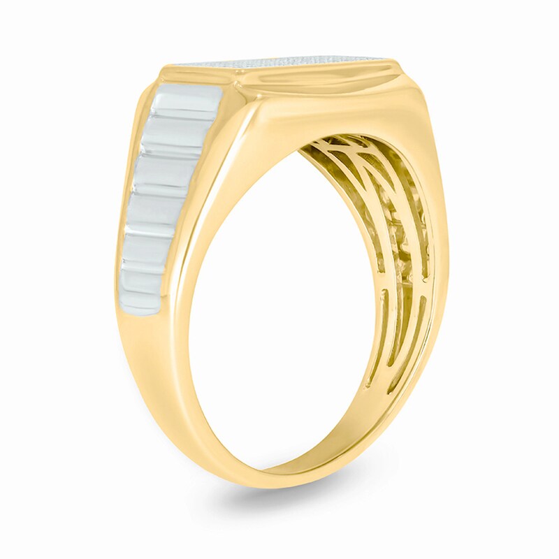 Main Image 2 of Men's 1/4 CT. T.W. Rectangular Multi-Diamond Ribbed Stepped Shank Ring in Sterling Silver and 14K Gold Plate