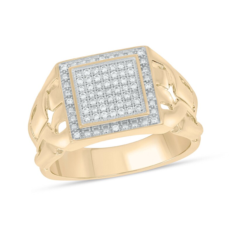 Main Image 1 of Men's 1/4 CT. T.W. Square Multi-Diamond Double Frame Cut-Out Shank Ring in Sterling Silver with 14K Gold Plate