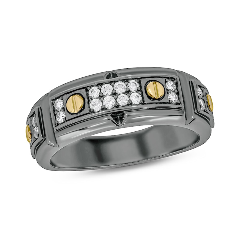 Main Image 1 of 1/3 CT. T.W. Diamond Double Row Black Rhodium Sterling Silver Band with 14K Gold Plate Screw Accents