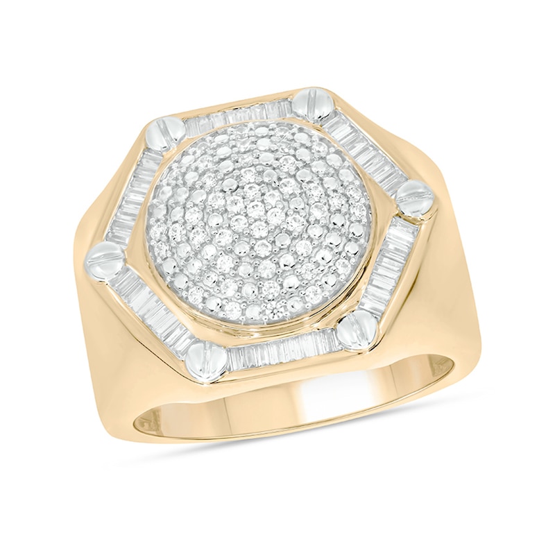 Main Image 1 of Men's 1/2 CT. T.W. Round and Baguette Multi-Diamond Hexagonal Frame Screw Accent Ring in Sterling Silver and Gold Plate