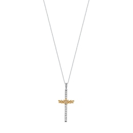 1/10 CT. T.W. Diamond Flower and Leaves Cross Pendant in Sterling Silver with 14K Gold Plate