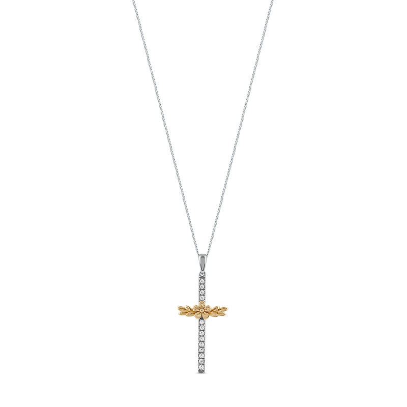 Main Image 1 of 1/10 CT. T.W. Diamond Flower and Leaves Cross Pendant in Sterling Silver with 14K Gold Plate