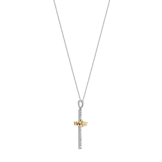 1/10 CT. T.w. Diamond Flower and Leaves Cross Pendant in Sterling Silver with 14K Gold Plate