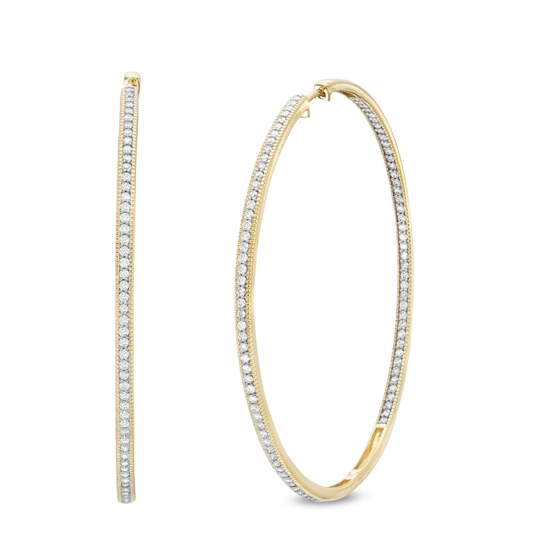 Main Image 1 of 1-1/2 CT. T.W. Diamond Milgrain Border Inside-Out Hoop Earrings in 10K Gold