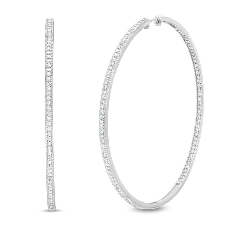Main Image 1 of 1-1/2 CT. T.W. Diamond Milgrain Border Inside-Out Hoop Earrings in 10K White Gold