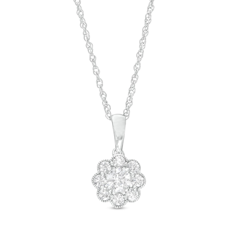 Main Image 1 of 1/2 CT. T.W. Diamond Scallop Edge Vintage-Style Flower Pendant in 10K White Gold