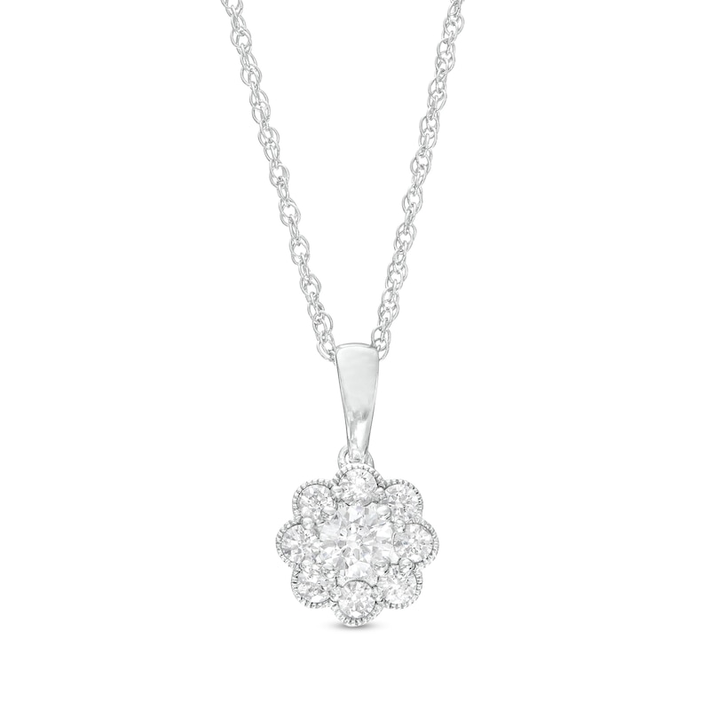 1/2 CT. T.W. Diamond Scallop Edge Vintage-Style Flower Pendant in 10K White Gold