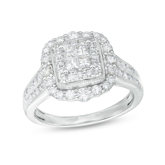1 CT. T.w. Quad Princess-Cut Diamond Double Frame Vintage-Style Engagement Ring in 14K White Gold (I/I2)